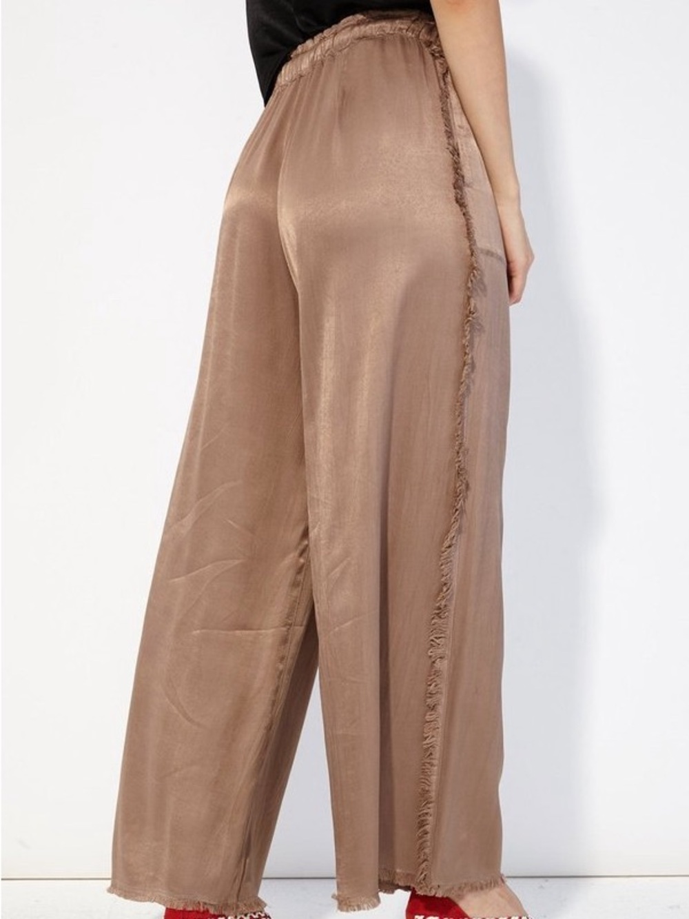Raquel Allegra Satin Fray Taupe Wide Leg Pants Sz Medium